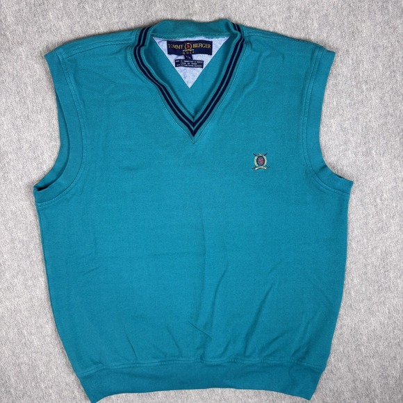 Tommy Hilfiger Other - Vintage‎ Tommy Hilfiger Golf Sweater Vest Men L Teal Crest V Neck 100% Cotton